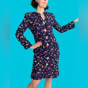 Vintage 80a Adele Simpson Saks Fifth Avenue Navy Multicolor Silk Pleat Dress